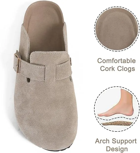 NEW Dumalum Clogs for Women Suede Boston Clogs Adjustable Buckle Slip-on Cork Footbed Mules Clogs Antislip Sole Slippers Unisex, Camel, Sz 6.5