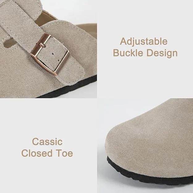 NEW Dumalum Clogs for Women Suede Boston Clogs Adjustable Buckle Slip-on Cork Footbed Mules Clogs Antislip Sole Slippers Unisex, Camel, Sz 6.5