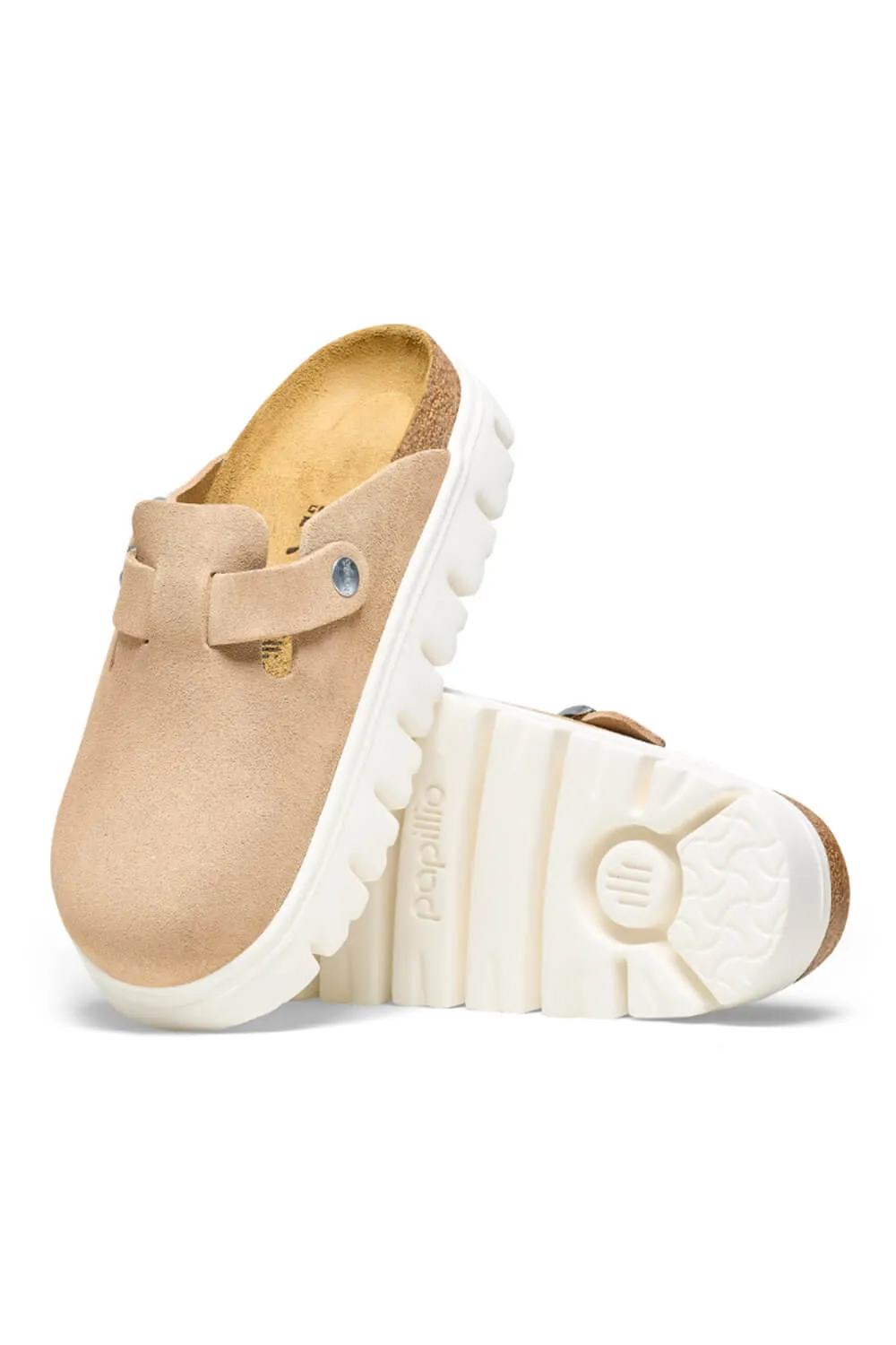 Papillo by Birkenstock Boston Chunky Suede Leather Clogs for Women in Warm Sand | 1026176