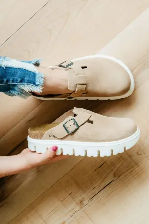 Papillo by Birkenstock Boston Chunky Suede Leather Clogs for Women in Warm Sand | 1026176