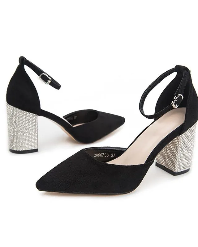 Pointed Toe Ankle Strap Buckle Heeled Sandals - Black