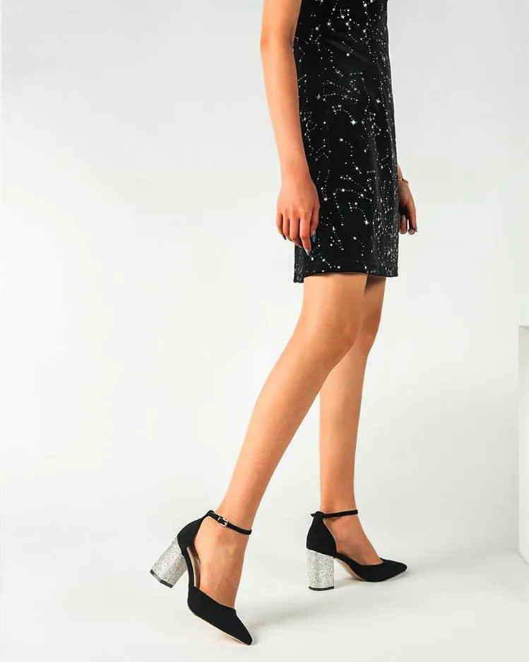 Pointed Toe Ankle Strap Buckle Heeled Sandals - Black