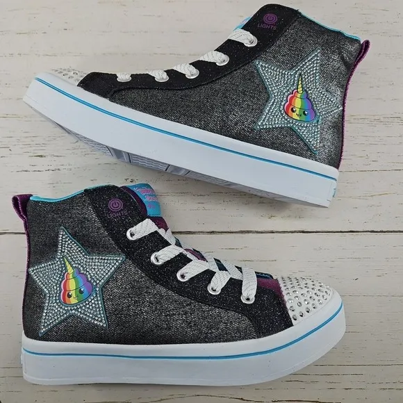 Skechers Twinkle Toes Girls Size 3 Light Up Black Glitter Patches Sneakers Shoes