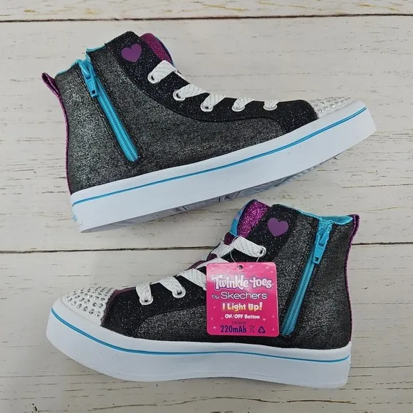 Skechers Twinkle Toes Girls Size 3 Light Up Black Glitter Patches Sneakers Shoes