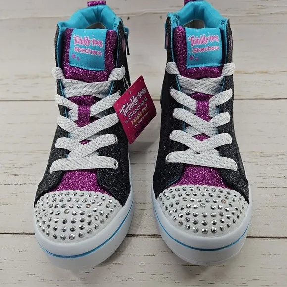 Skechers Twinkle Toes Girls Size 3 Light Up Black Glitter Patches Sneakers Shoes