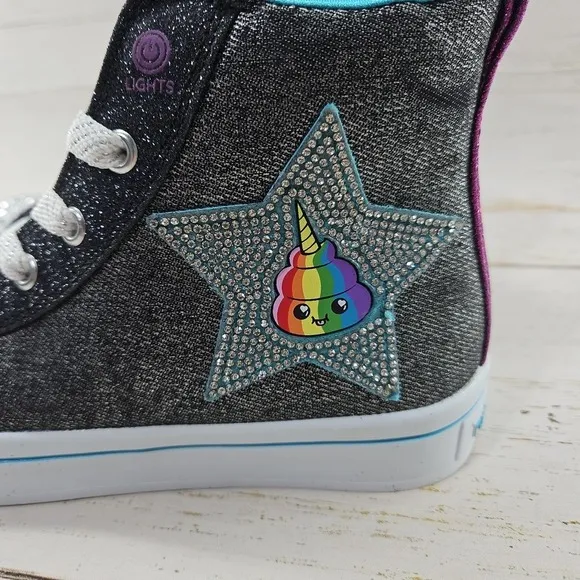 Skechers Twinkle Toes Girls Size 3 Light Up Black Glitter Patches Sneakers Shoes