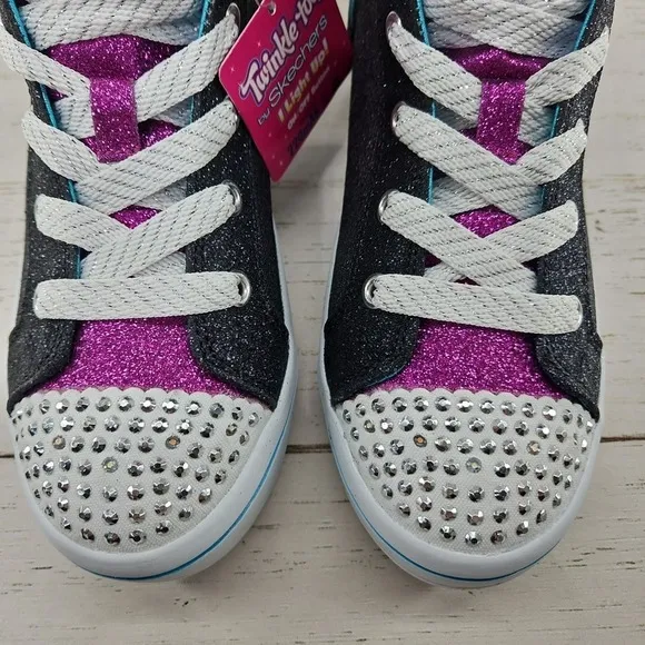 Skechers Twinkle Toes Girls Size 3 Light Up Black Glitter Patches Sneakers Shoes