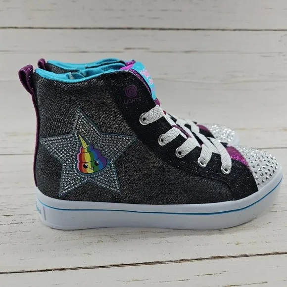 Skechers Twinkle Toes Girls Size 3 Light Up Black Glitter Patches Sneakers Shoes