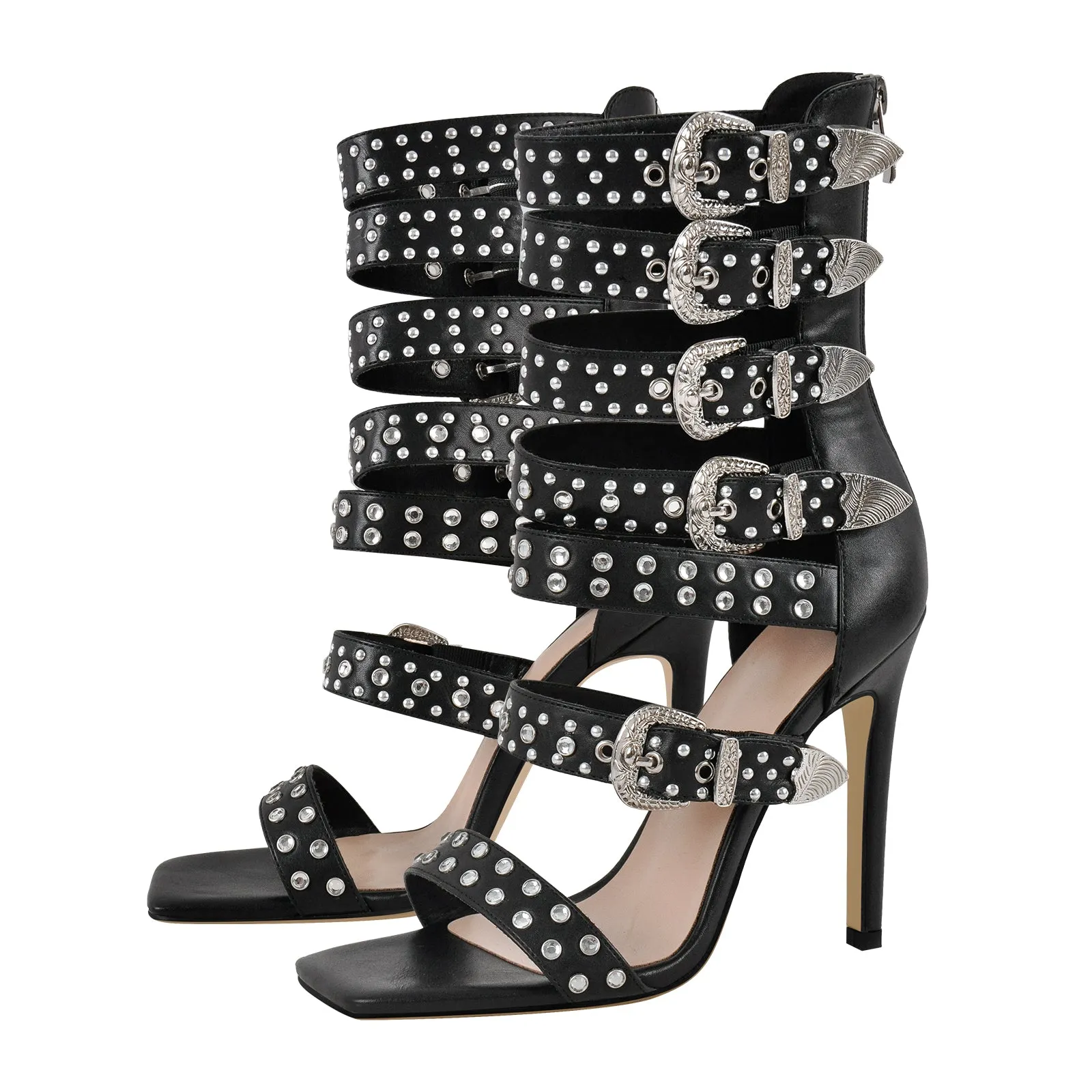 Square Toe Rivet Buckle Straps Bootie Sandals