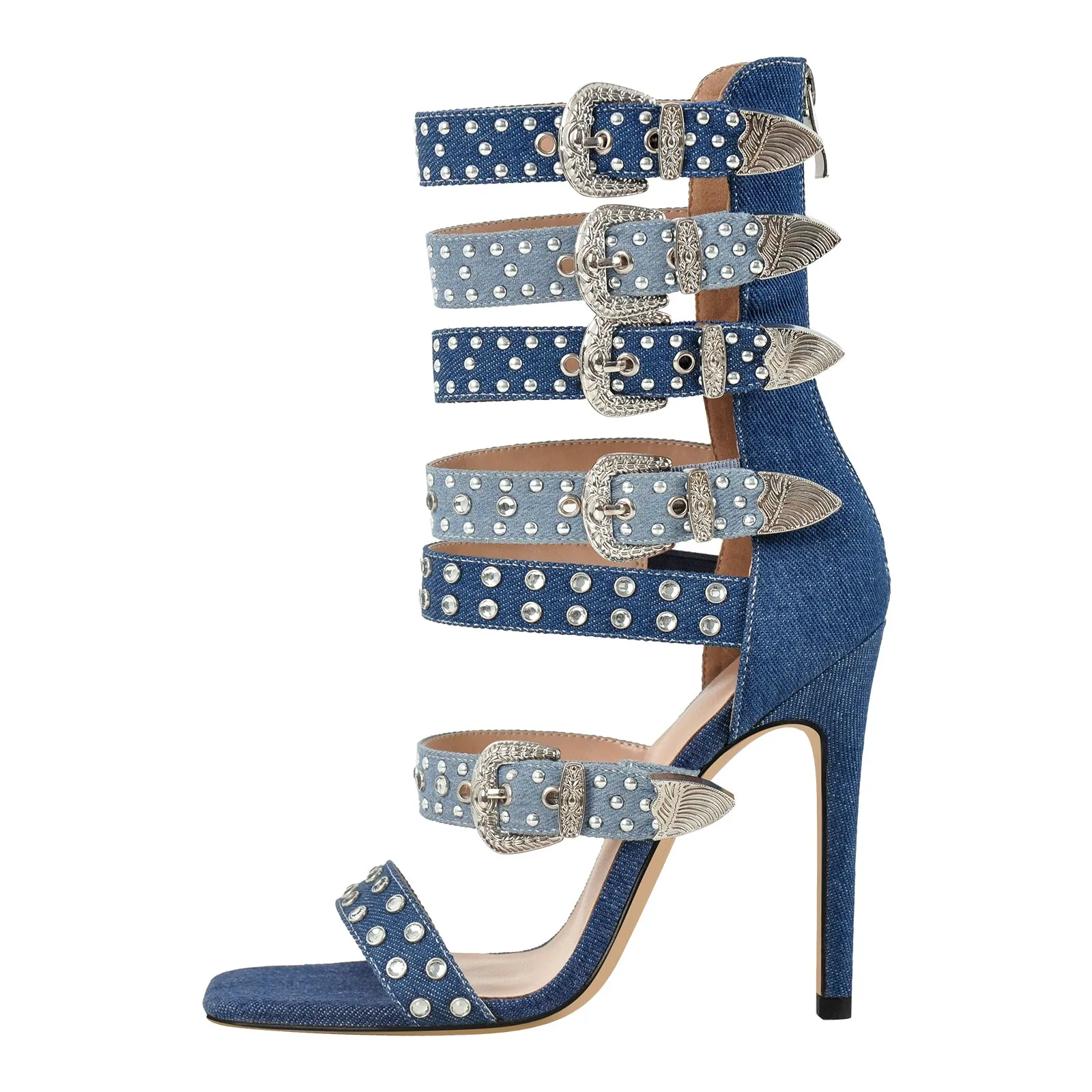 Square Toe Rivet Buckle Straps Bootie Sandals
