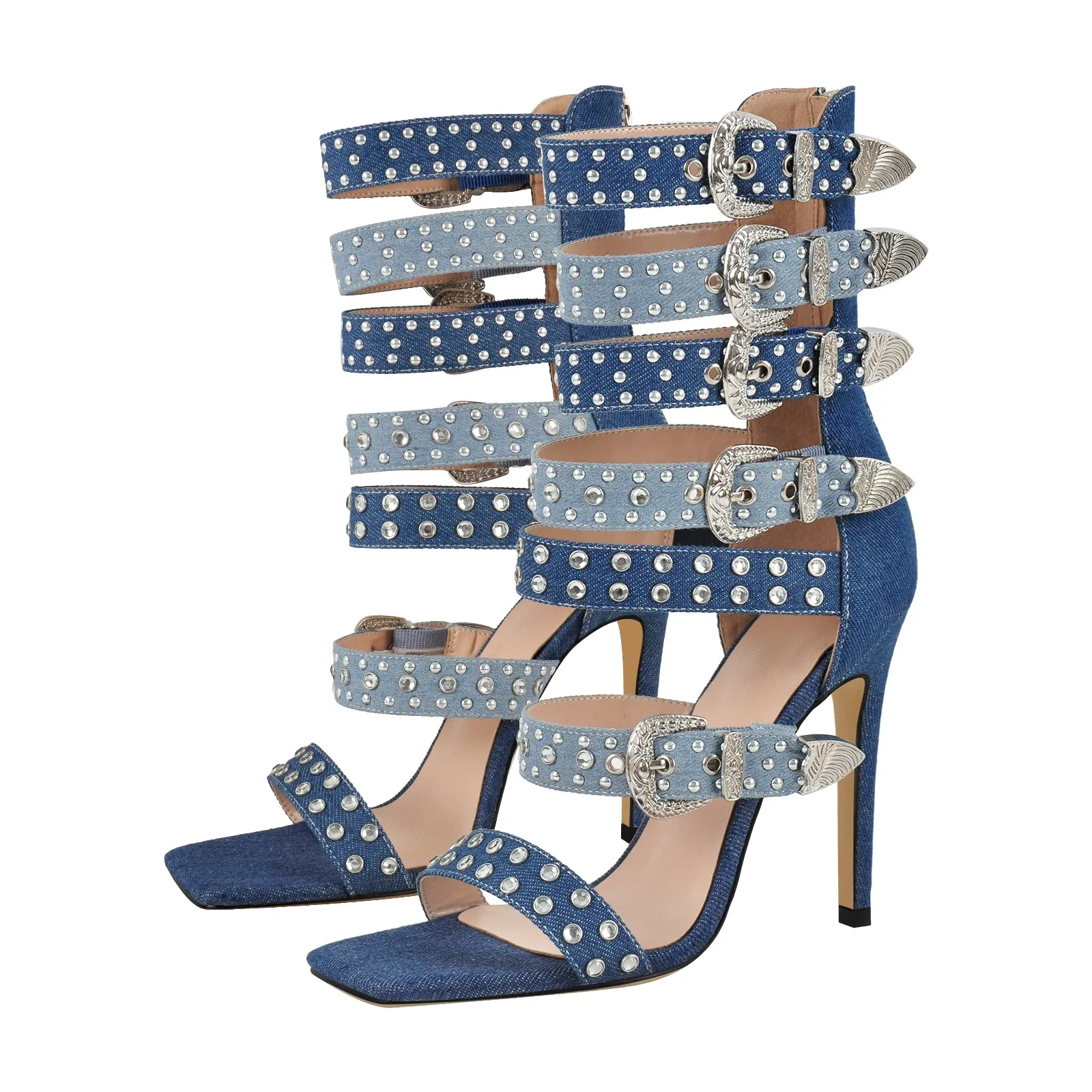 Square Toe Rivet Buckle Straps Bootie Sandals