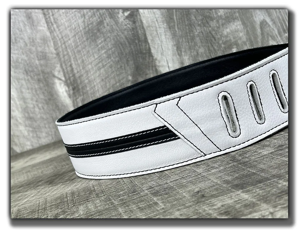 Straight Up - Frostfire White with Black Stripe Leather Guitar Strap