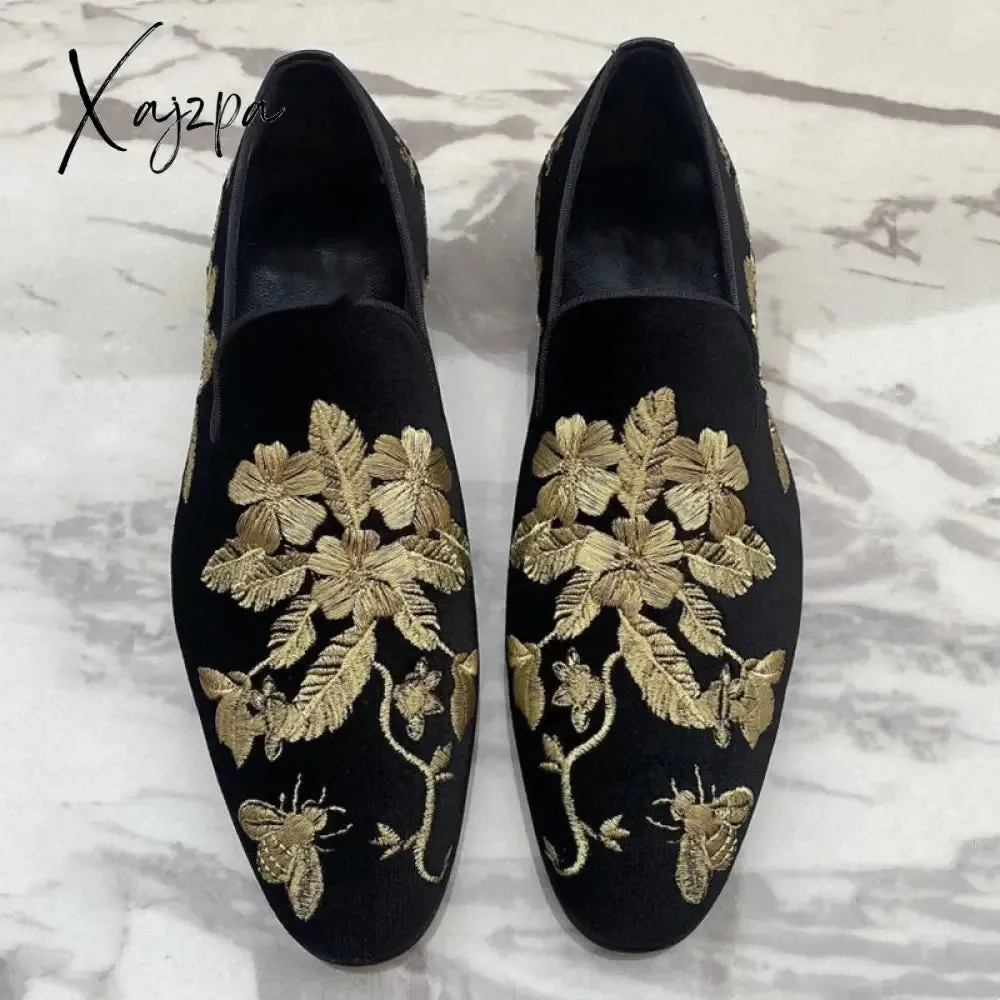 Xajzpa - Loafers Men Shoes Fashion Black Imitation Suede Gold Embroidery Flower Business Casual Shoes Free Shipping Sapatos Para Hombre