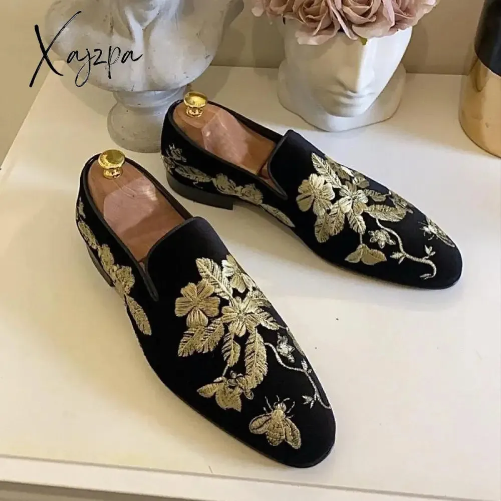Xajzpa - Loafers Men Shoes Fashion Black Imitation Suede Gold Embroidery Flower Business Casual Shoes Free Shipping Sapatos Para Hombre