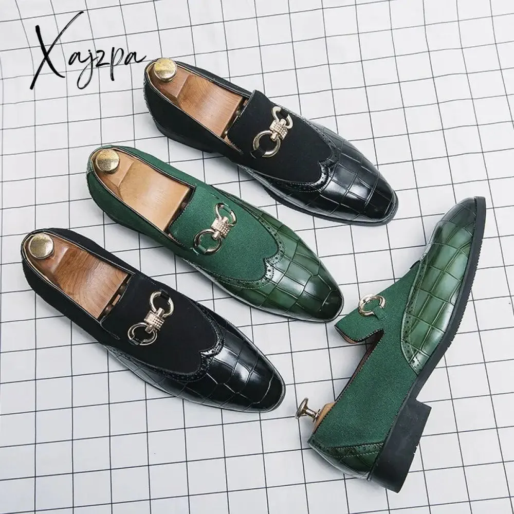 Xajzpa - Loafers Men Shoes Stone Pattern PU Stitching Faux Suede Metal Buckle Fashion Business Casual Wedding Party Dress Shoes