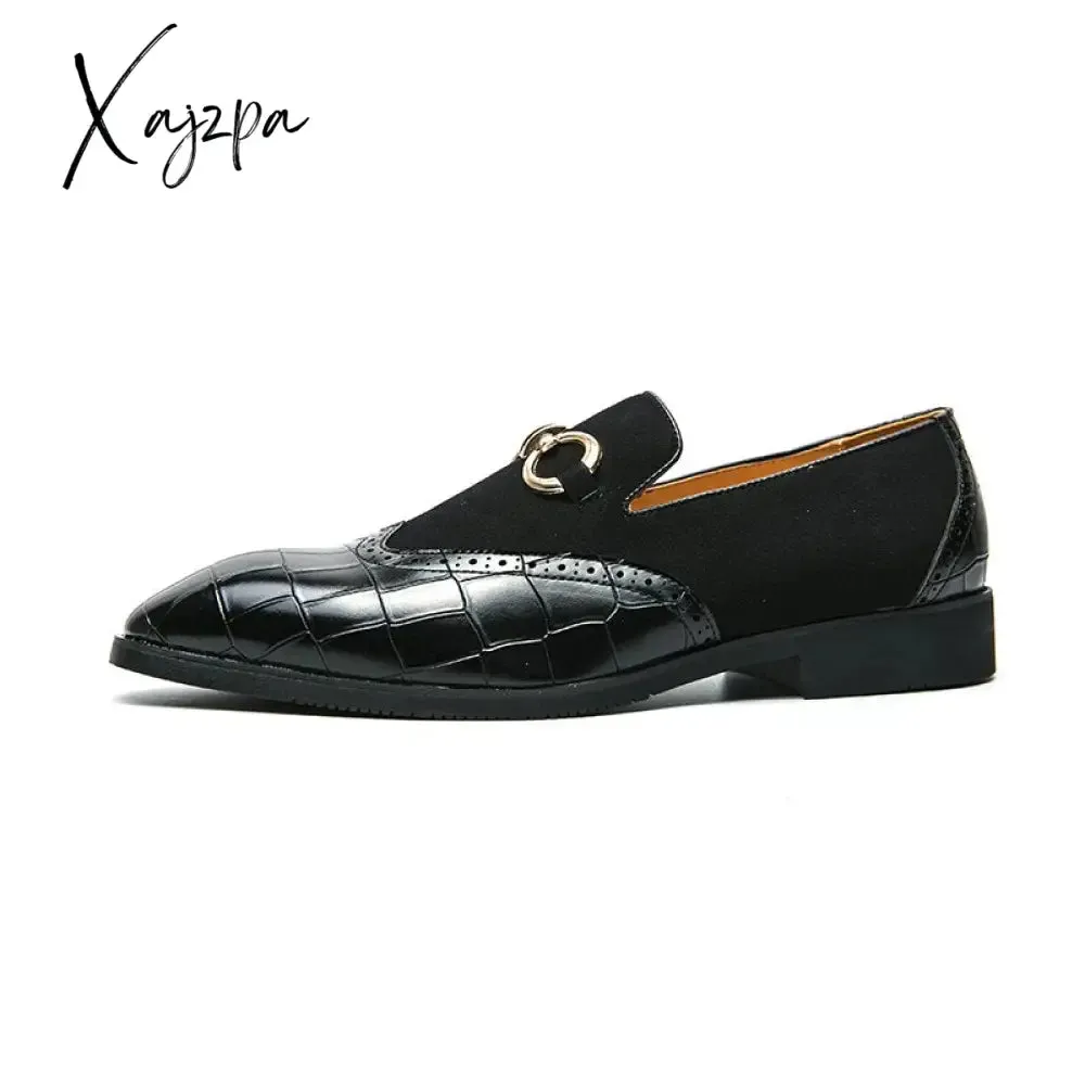 Xajzpa - Loafers Men Shoes Stone Pattern PU Stitching Faux Suede Metal Buckle Fashion Business Casual Wedding Party Dress Shoes